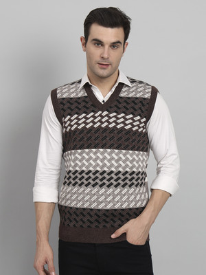 eWools Geometric Print V Neck Casual Men Brown Sweater