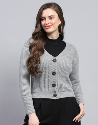 MONTE CARLO Self Design V Neck Casual Women Grey Sweater