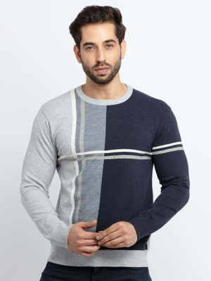 Status Quo Colorblock Round Neck Casual Men Grey Sweater
