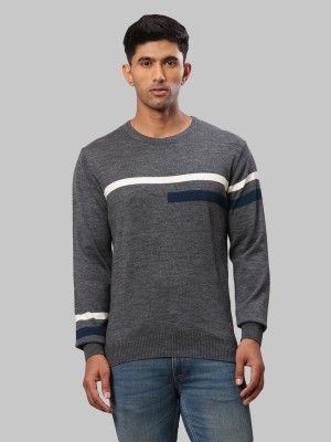 Raymond Striped Round Neck Casual Men Grey Sweater