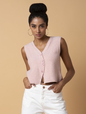 Showoff Self Design V Neck Casual Women Pink Sweater