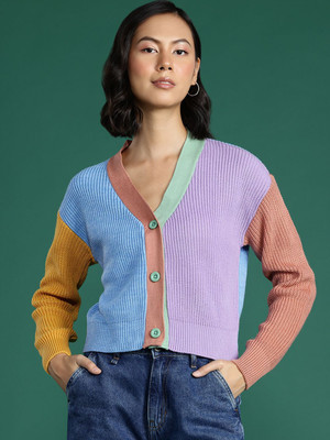 Dressberry Colorblock V Neck Casual Women Blue Sweater