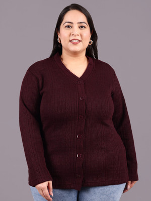 hifzaa Self Design V Neck Casual Women Maroon Sweater