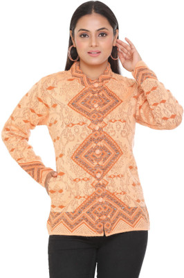 WOOL 4U Self Design Collared Neck Casual Women Orange Sweater