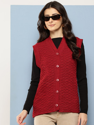 METRONAUT Self Design V Neck Casual Women Maroon Sweater