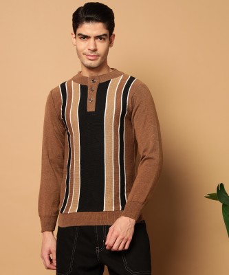 CANBLAR Striped Collared Neck Casual Men Brown Sweater