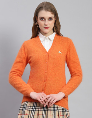 MONTE CARLO Solid V Neck Casual Women Orange Sweater