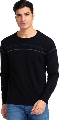 Raymond Striped Round Neck Casual Men Black Sweater