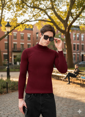 Nxtwin Self Design High Neck Casual Men Maroon Sweater
