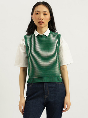 United Colors of Benetton Striped Round Neck Casual Women Green Sweater