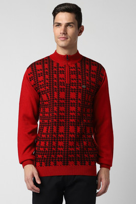 PETER ENGLAND Checkered Round Neck Casual Men Red Sweater