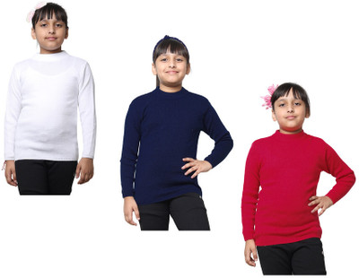 Indistar Solid Round Neck Casual Girls White, Dark Blue, Maroon Sweater