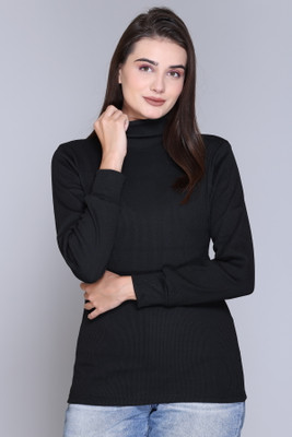 RESILIENCE Solid High Neck Casual Women Black Sweater