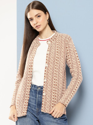 METRONAUT Chevron/Zig Zag Round Neck Casual Women Beige Sweater