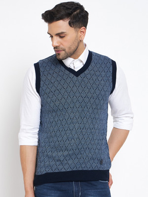 DUKE Self Design V Neck Casual Men Reversible Blue Sweater