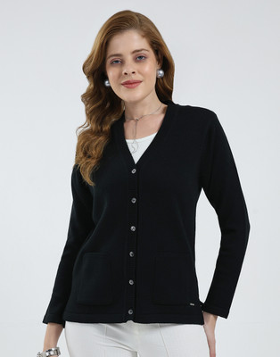 MONTE CARLO Solid V Neck Casual Women Black Sweater