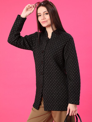 V-MART Self Design Mandarin Neck Casual Women Black Sweater