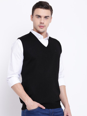 PIERRE CARLO Solid V Neck Casual Men Black Sweater