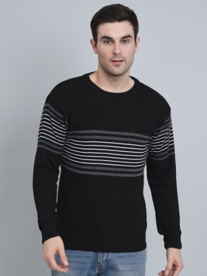 Super Weston Striped Round Neck Casual Men Black Sweater