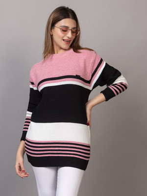 WAY TO TRENDY Striped Round Neck Casual Women Pink Sweater