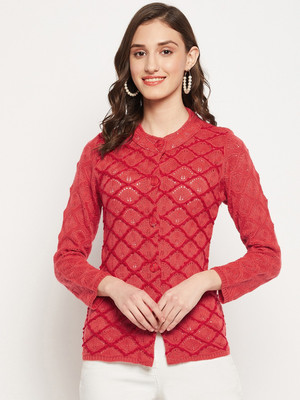 Zigo Self Design Round Neck Casual Women Orange Sweater