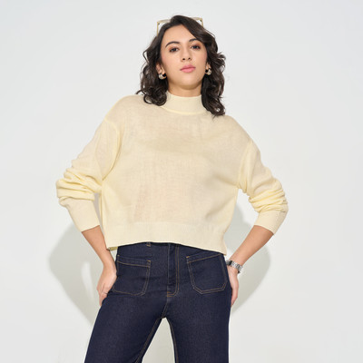 SF Jeans by Pantaloons Solid High Neck Casual Women White Sweater