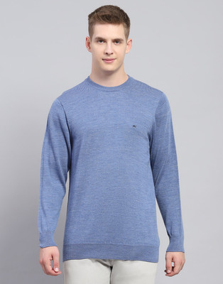 MONTE CARLO Solid Round Neck Casual Men Blue Sweater