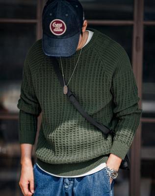 FREAKS Self Design Round Neck Casual Men Light Green Sweater