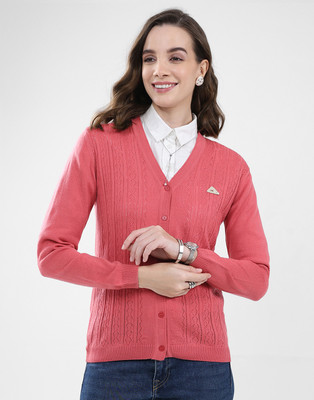 MONTE CARLO Self Design V Neck Casual Women Pink Sweater