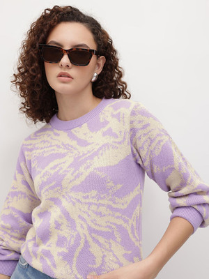Roadster Self Design Round Neck Casual Women Purple Sweater