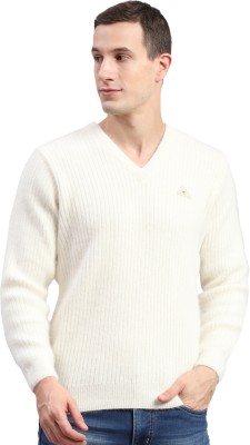 MONTE CARLO Solid V Neck Casual Men White Sweater