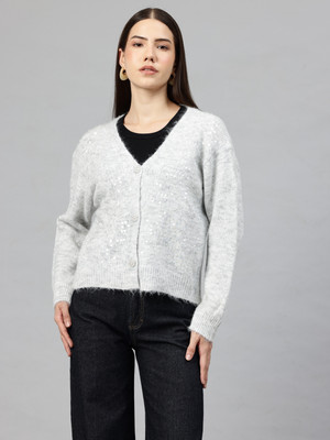 PIERRE CARLO Self Design V Neck Casual Women Grey Sweater