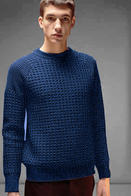 FASHLOOK Self Design Round Neck Casual Men Blue Sweater