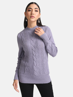 KAZO Self Design High Neck Casual Women Purple Sweater