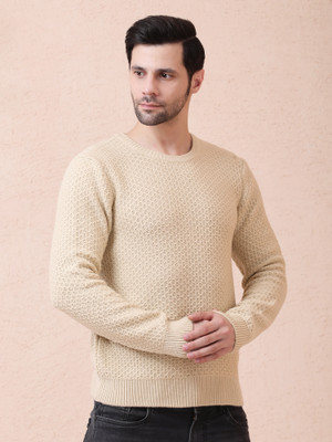 NOQUO Self Design Round Neck Casual Men Beige Sweater