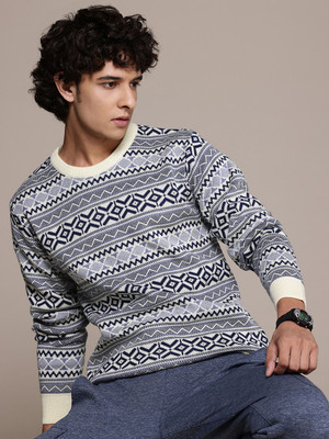 Roadster Self Design Round Neck Casual Men Grey, Black Sweater