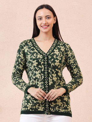 NOQUO Embroidered V Neck Casual Women Dark Green, Yellow Sweater