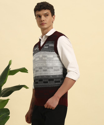 HERMISTON Colorblock V Neck Casual Men Maroon Sweater