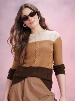Dressberry Colorblock Round Neck Casual Women Brown Sweater