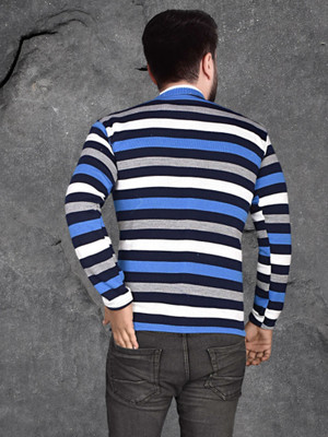 Marc Luarente Striped Round Neck Casual Men Blue Sweater