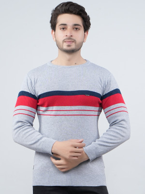 FEVERFEW Self Design Round Neck Casual Men Grey Sweater