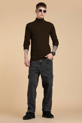 FASHLOOK Solid High Neck Casual Men Brown Sweater