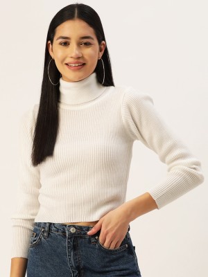 Berrylush Solid Turtle Neck Casual Women White Sweater