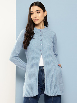 Roadster Solid Collared Neck Casual Women Grey Sweater