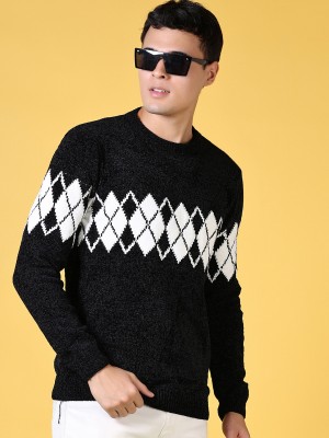 V-MART Self Design Round Neck Casual Men Black Sweater