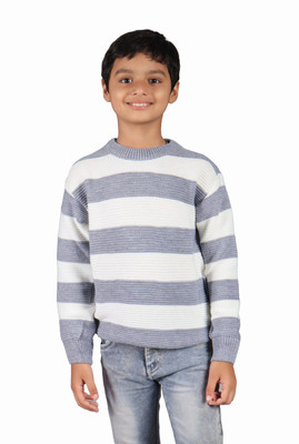 HouseOfCommon Striped Round Neck Casual Boys White Sweater