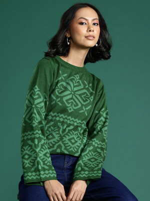 Sangria Printed Round Neck Casual Women Green Sweater