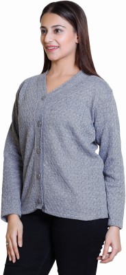 hifzaa Self Design V Neck Casual Women Grey Sweater