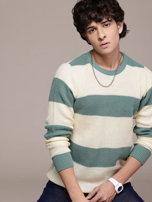Roadster Striped Round Neck Casual Men Green Sweater