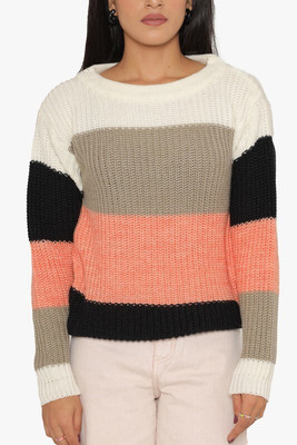 KASMA Striped Round Neck Casual Women Multicolor Sweater